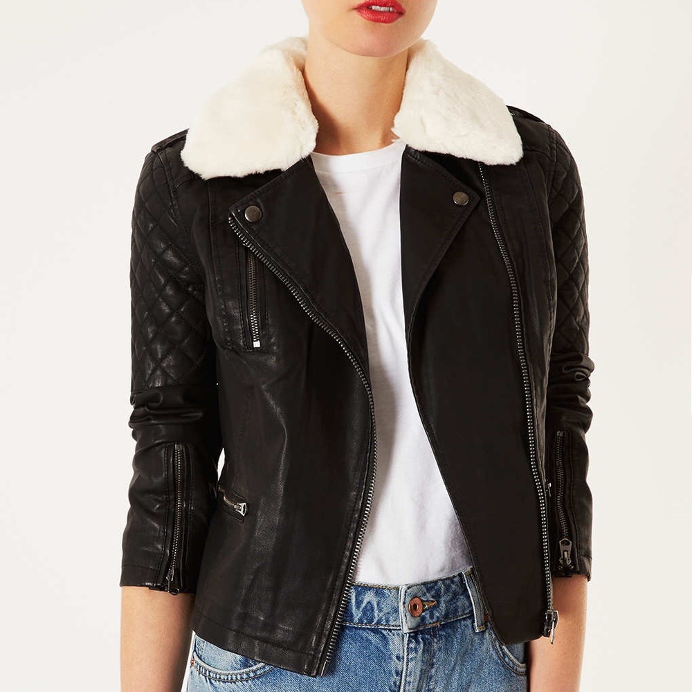 Topshop Faux Leather Moto Jacket with Fur Collar